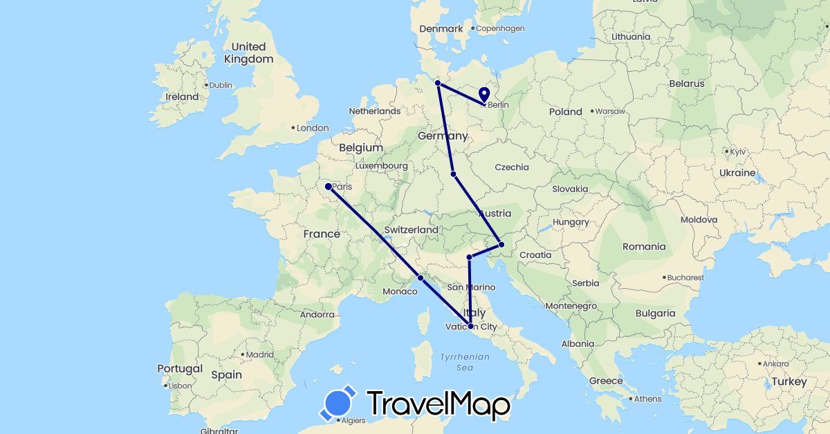 TravelMap itinerary: driving in Germany, France, Italy, Slovenia (Europe)